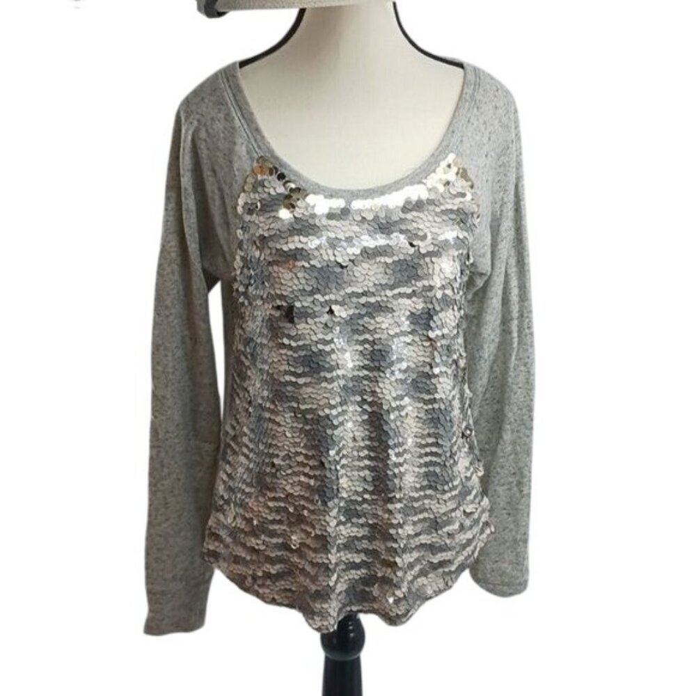 Express Womens S Gray Flip Sequin Long Sleeve Top Shimmer Sparkle Party Blouse